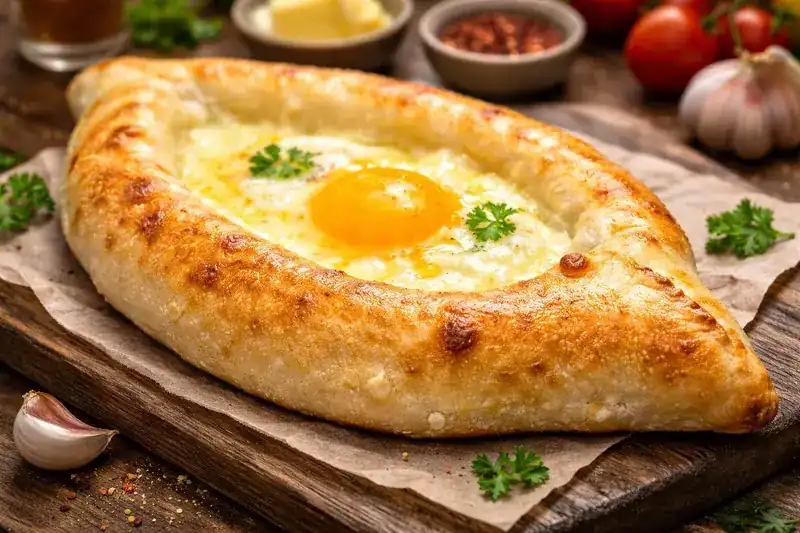 Boat-shaped baked bread filled with melted cheese and an egg yolk, on a wooden board