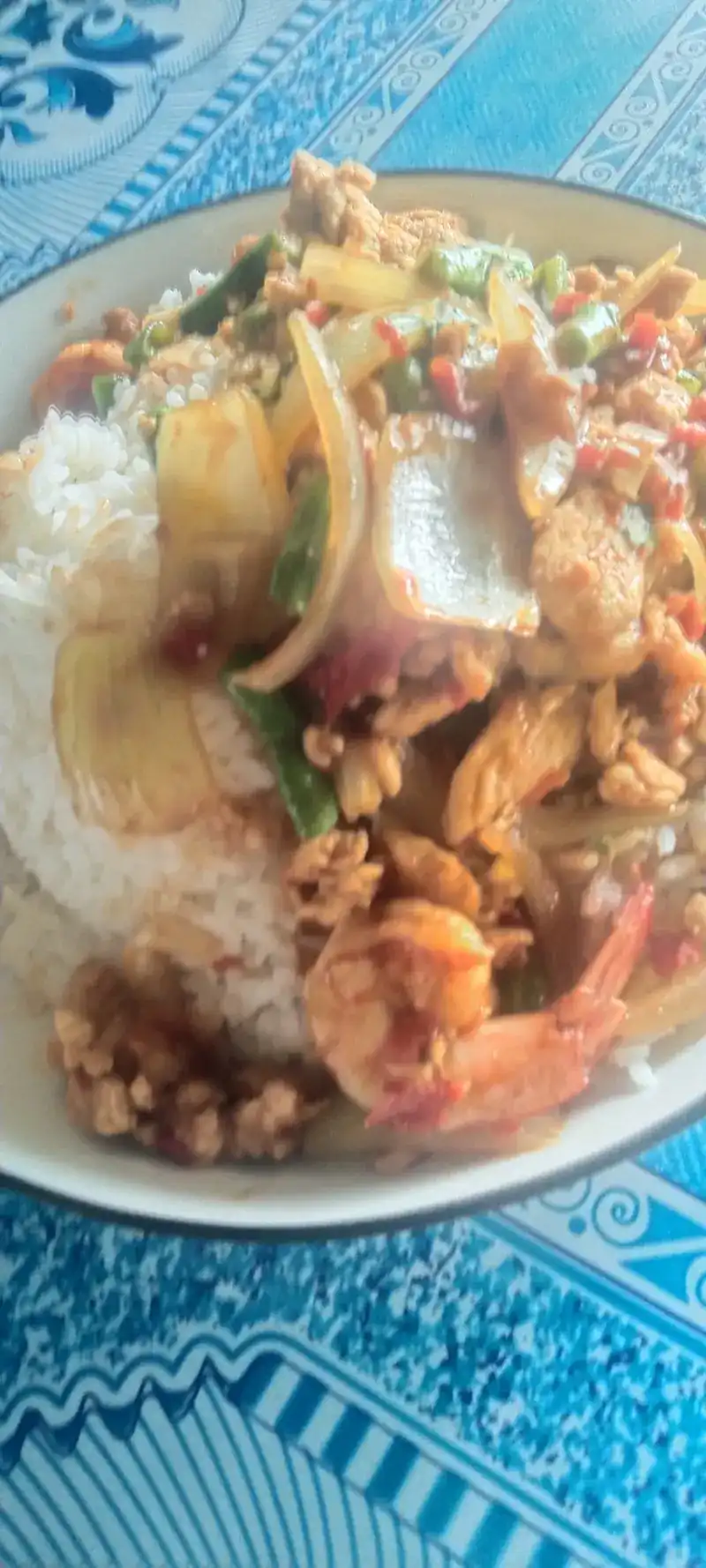 A stir-fry with shrimp and onion over rice / ข้าวราดผัดใส่กุ้งและหัวหอม
