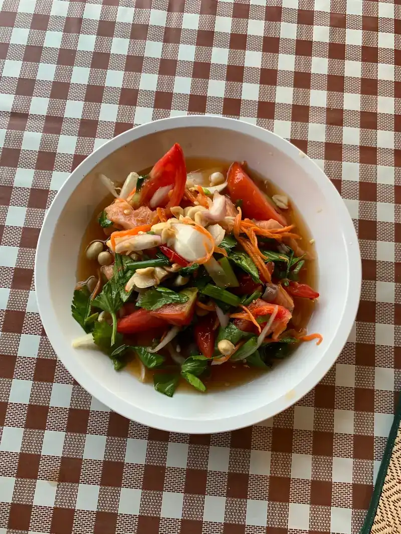 A bowl of spicy salad with tomato and herbs on a red and white check tablecloth