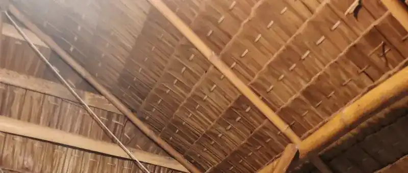 Looking up at the thatched roof and bamboo beams of the pavilions