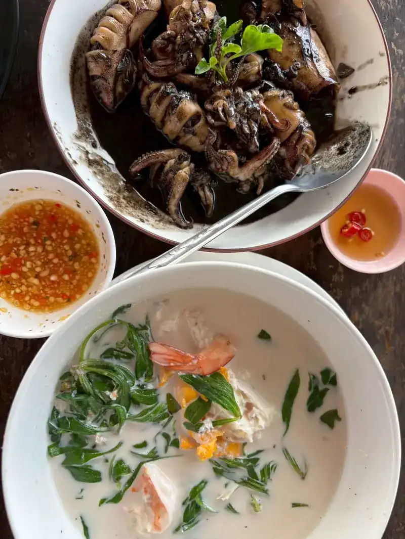 Squid in black ink sauce beside a creamy coconut soup with prawns and green leaves