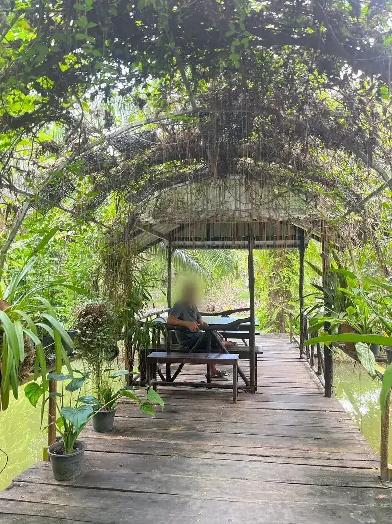 A boardwalk under a tunnel of vines, leading to a shaded sala over the pond