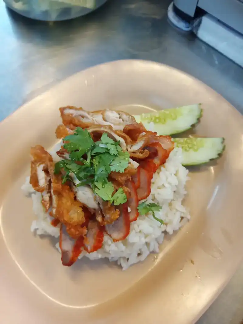 Red pork and fried chicken over rice with coriander and cucumber