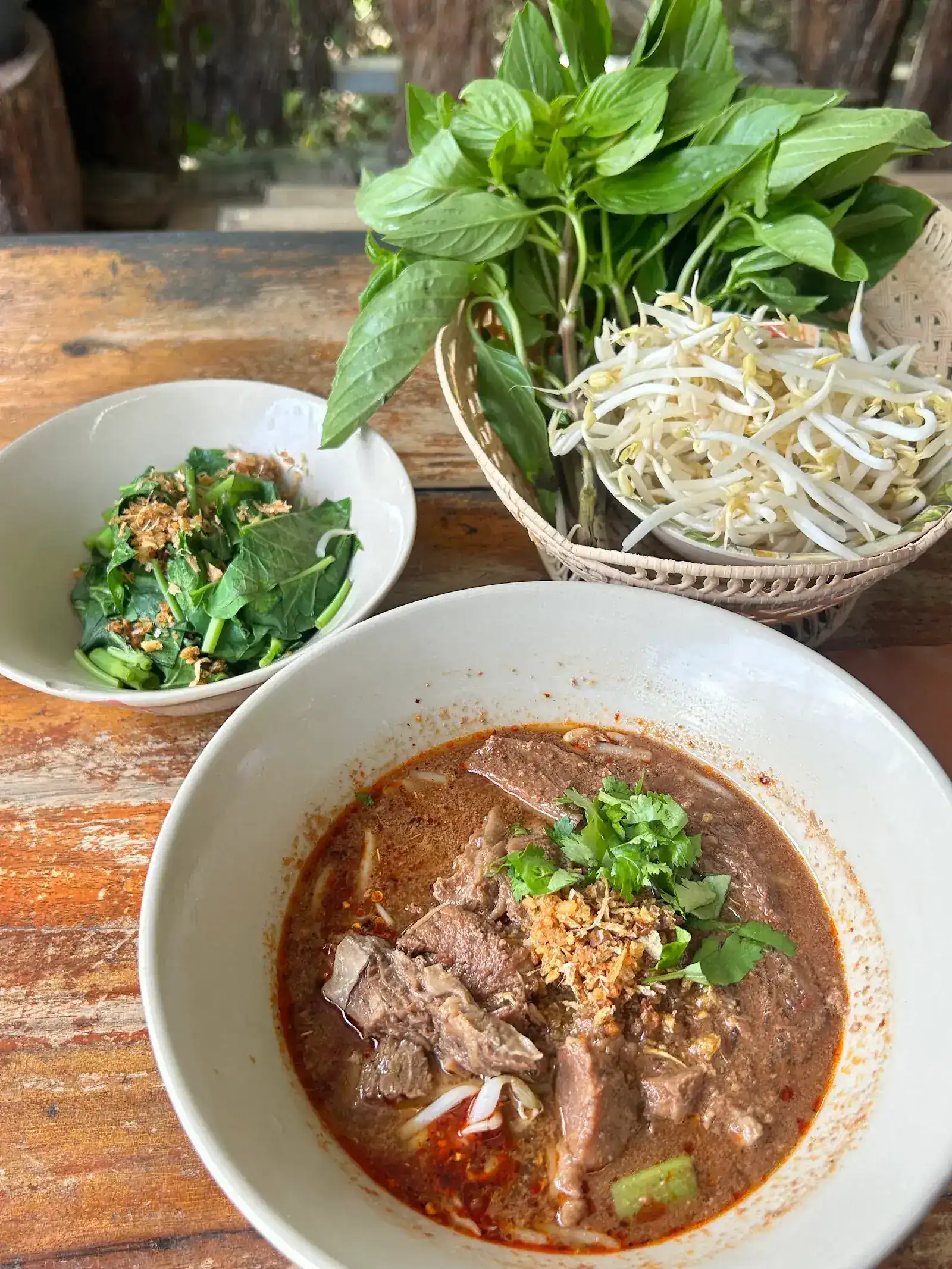 Beef boat noodles in a spicy red-brown broth, with blanched greens and a basket of basil and bean sprouts on a wooden table