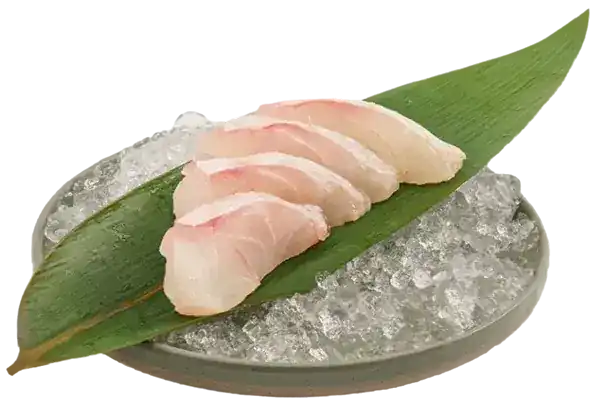 Slices of grouper on a leaf over crushed ice