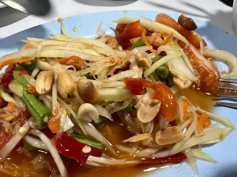 Green papaya salad with peanuts, tomato and long beans