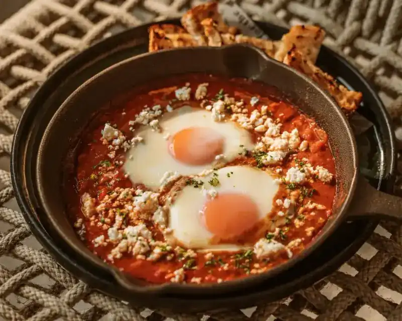 Shakshuka in a cast-iron pan with feta and sourdough