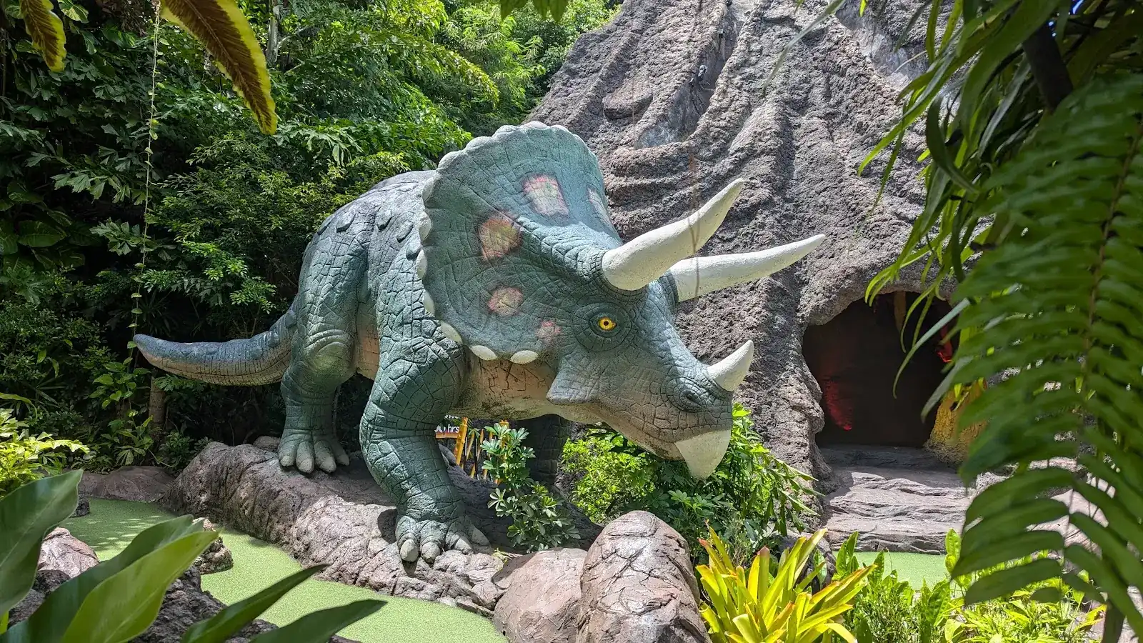 A triceratops among the ferns by a cave in the rock / ไทรเซราท็อปส์ท่ามกลางเฟิร์นข้างถ้ำในโขดหิน