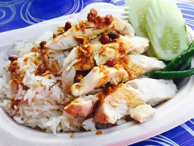 Sliced chicken on rice with a spooned-over sauce, cucumber and green chilli