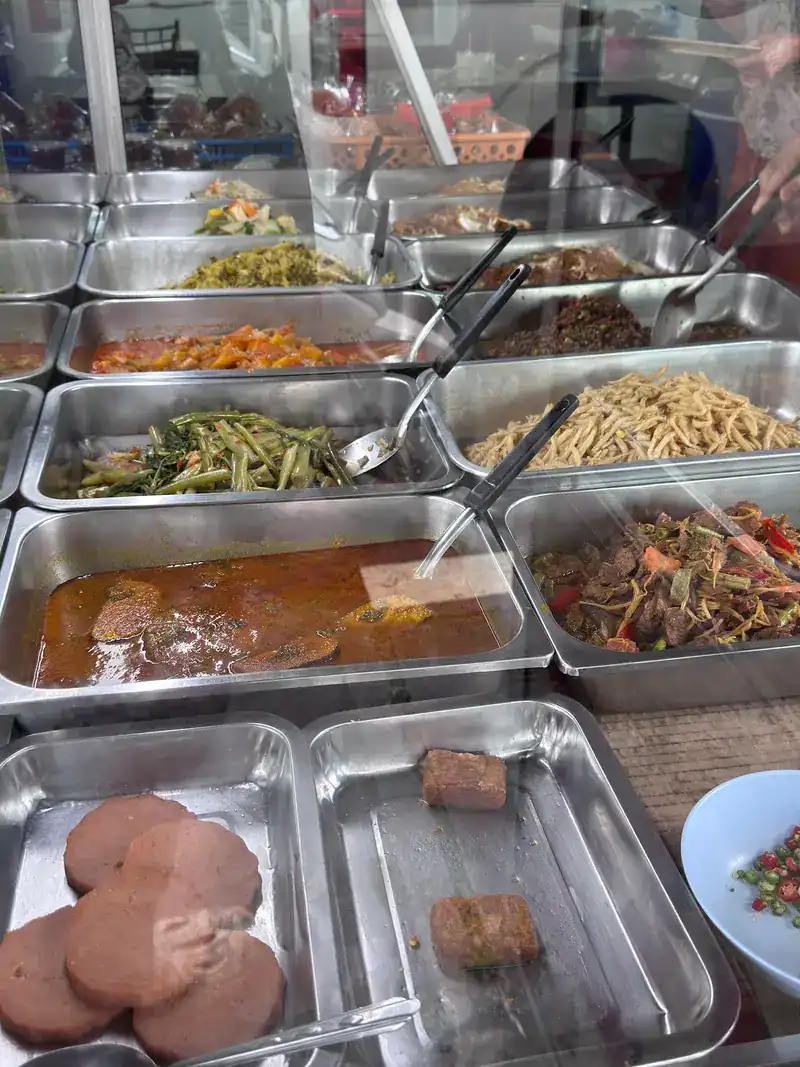 Steel trays of vegetarian dishes and noodles behind the glass
