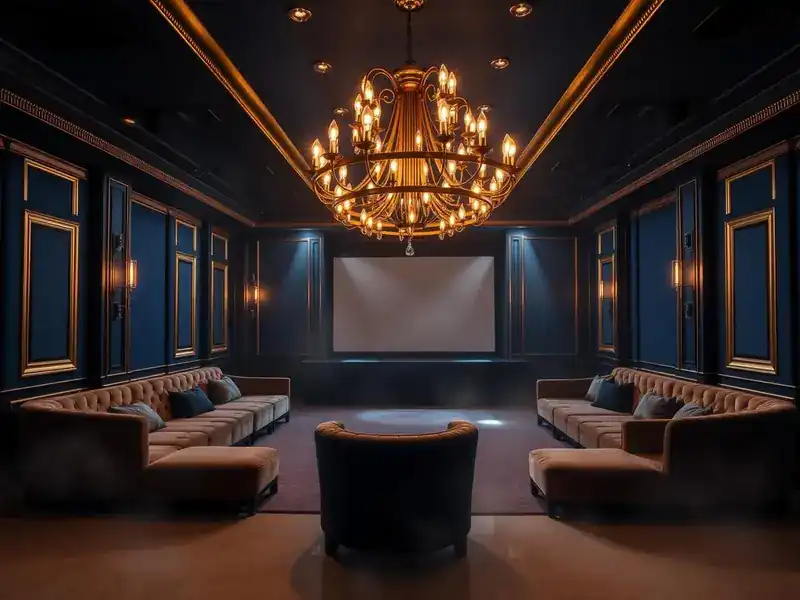 Grand Room: a chandelier over long sofas and a large screen, navy walls with gold frames