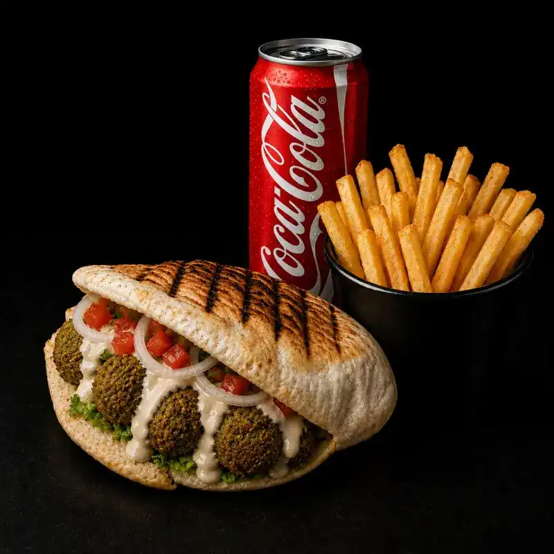 Grill-striped bread pocket, filled and topped with tomato and onion rings