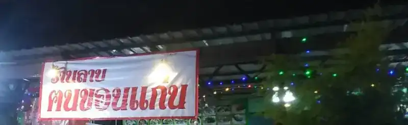 The restaurant at night: a white banner with red Thai letters under a tin roof, with coloured lights in a tree beside it