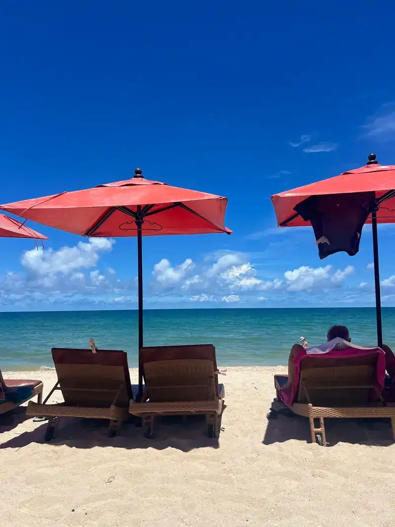 Red parasols over sunbeds facing the sea under a blue sky