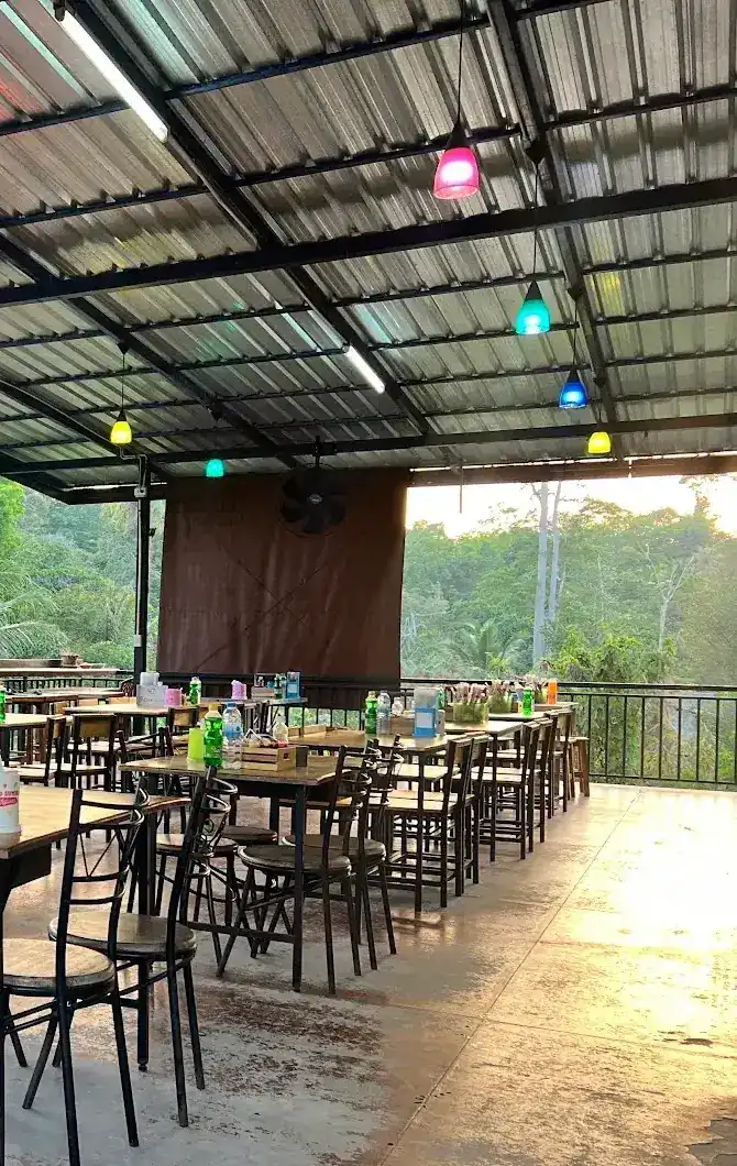 Rows of tables and chairs on an open terrace under a metal roof, with coloured hanging lamps and green trees beyond the railing