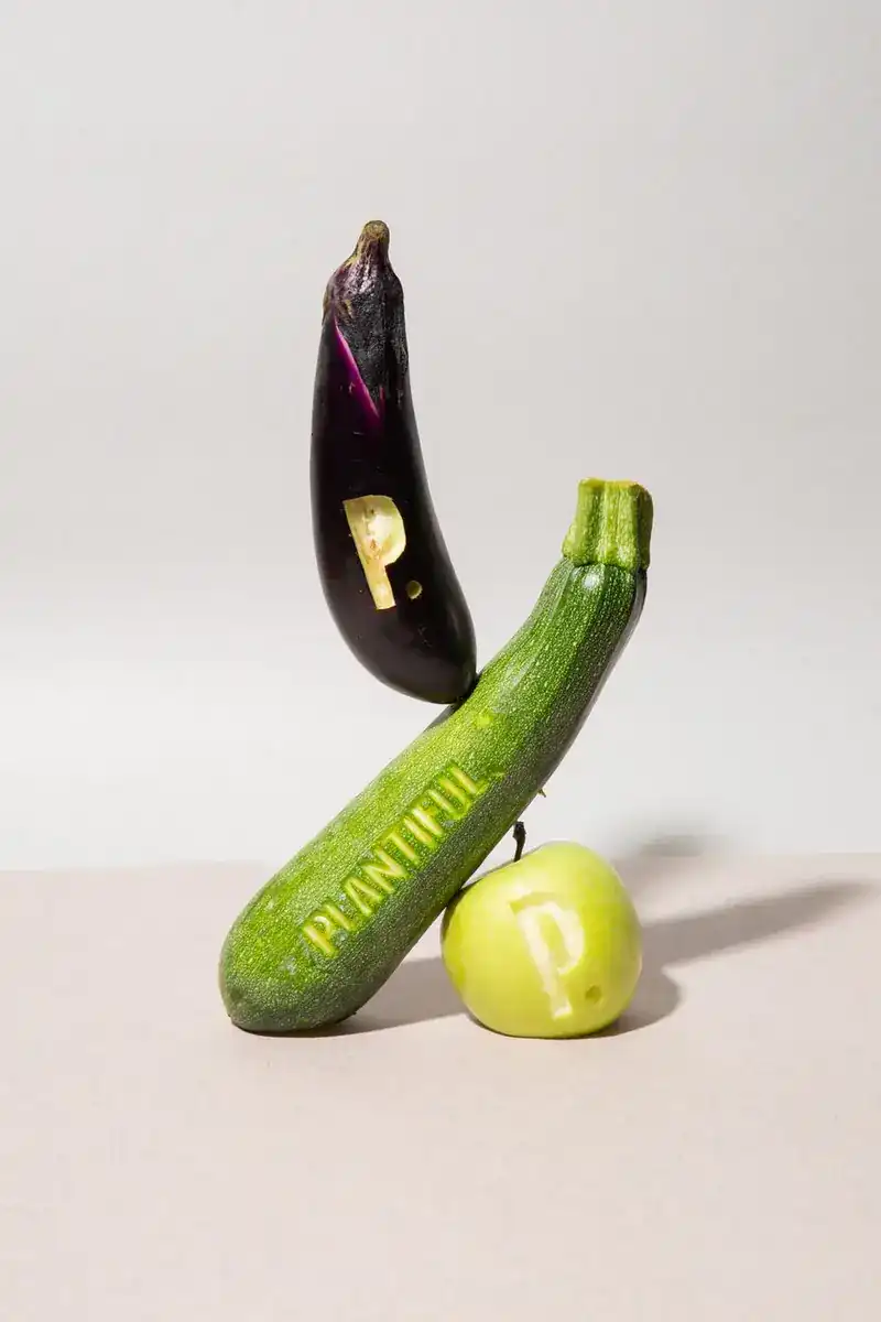 An aubergine, a courgette and a green apple balanced on each other, the name Plantiful carved into the courgette
