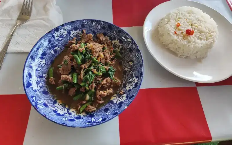 Meat stir-fried with greens in a blue-and-white bowl, with a plate of steamed rice
