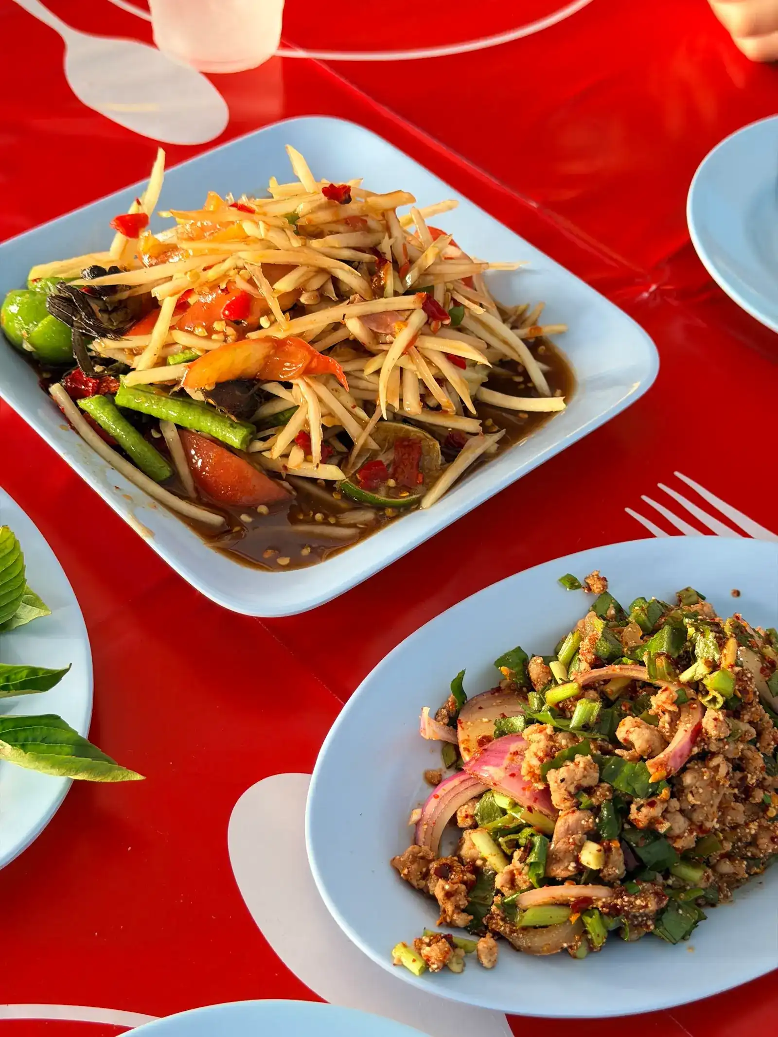 Som tam and larb on pale blue plates on a red table
