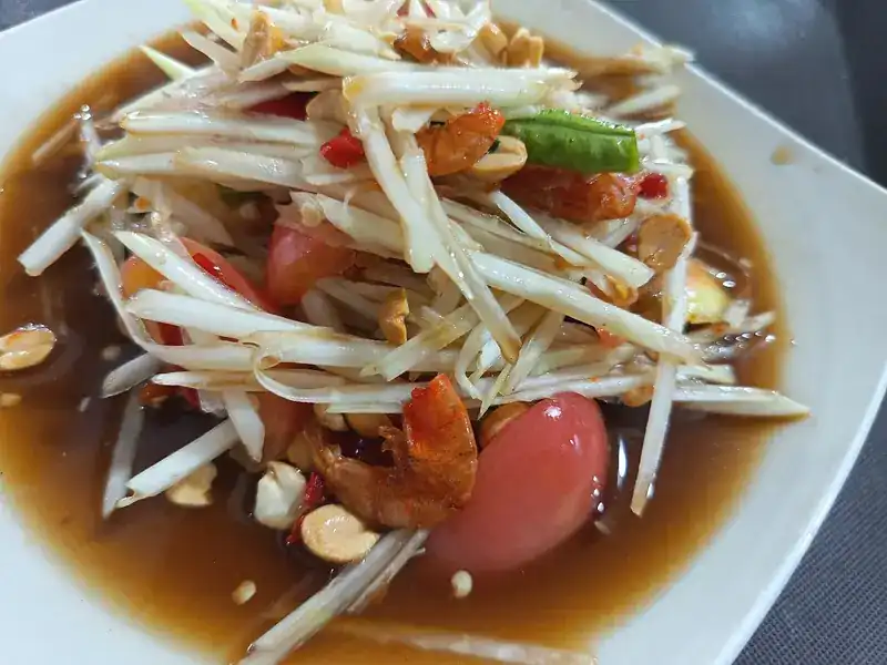 Green papaya salad with tomato, long beans and peanuts / ส้มตำมะละกอ ใส่มะเขือเทศ ถั่วฝักยาว และถั่วลิสง