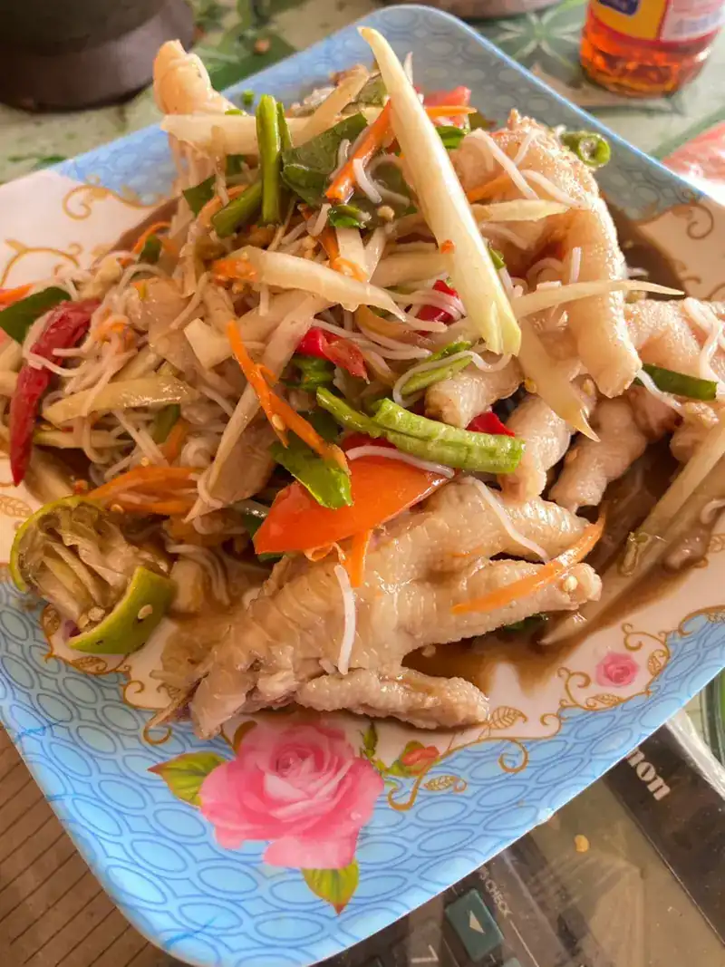 Papaya salad with chicken feet on a flowered plate