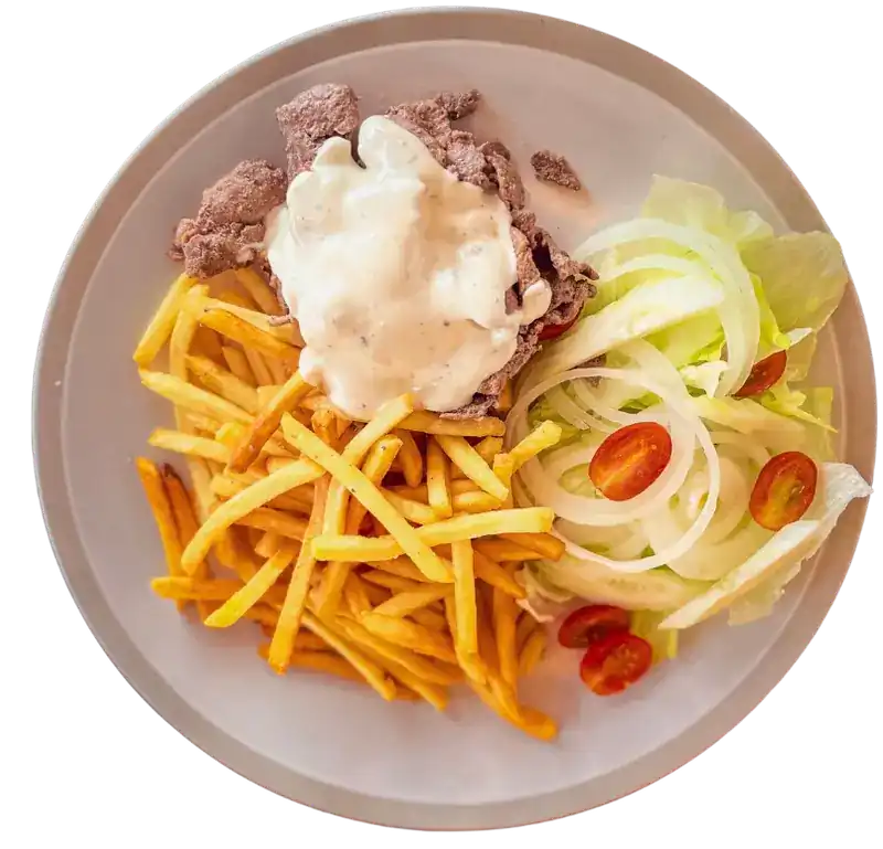 Swedish kebab plate with French fries and salad