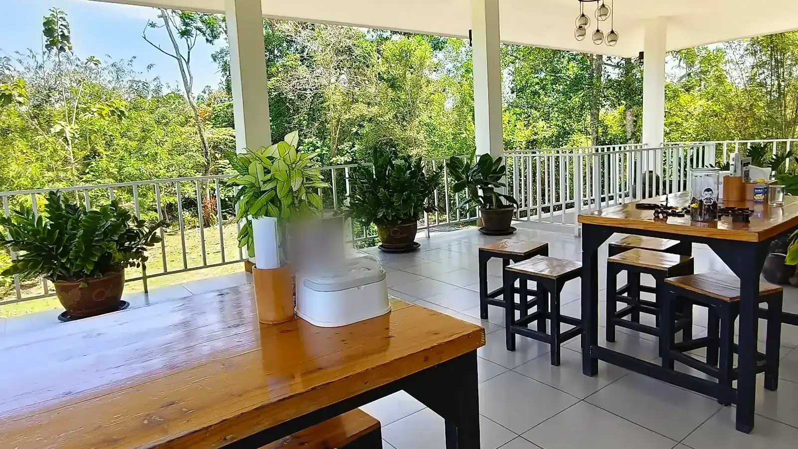 Wooden tables on the open terrace, with potted plants and green trees beyond the railing