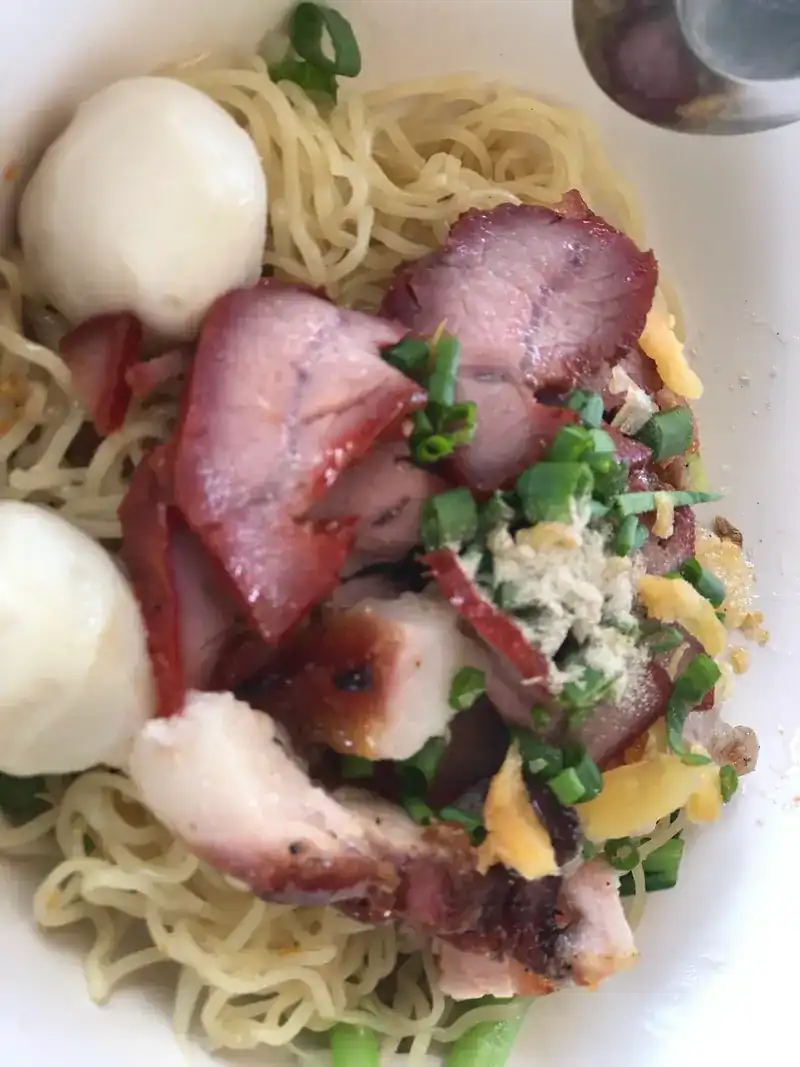 Egg noodles topped with red pork and spring onion