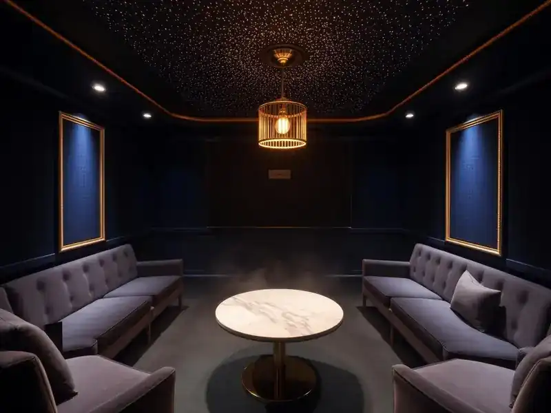 Social Room: grey velvet sofas around a marble table under a starry ceiling