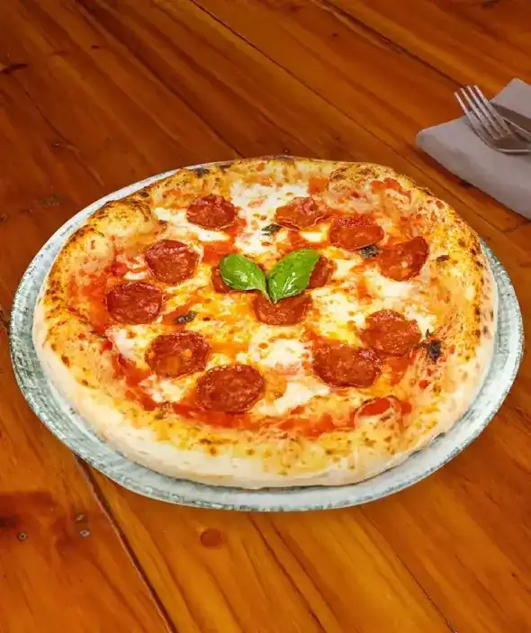 Pizza with spicy salami and basil