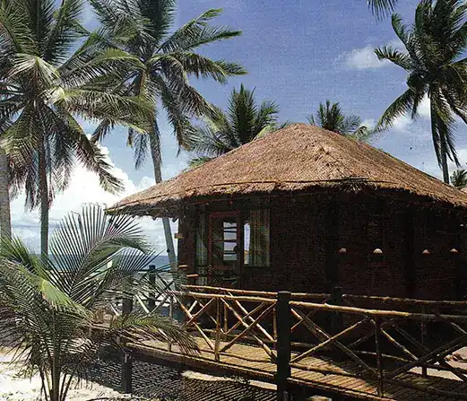 A thatched wooden cottage among palms at The Pansea, the hotel's first name