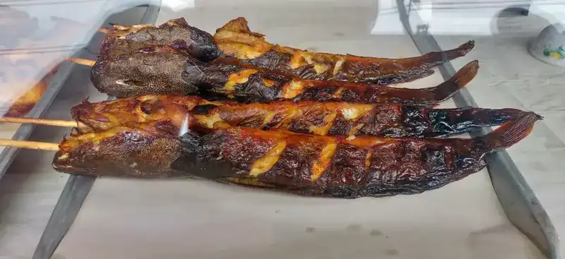 Whole fish grilled on bamboo skewers, behind glass