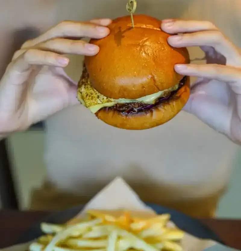 Two hands holding up a burger, fries below