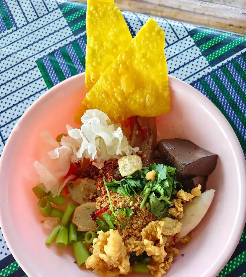 Dry yen ta fo with crisp wonton sheets