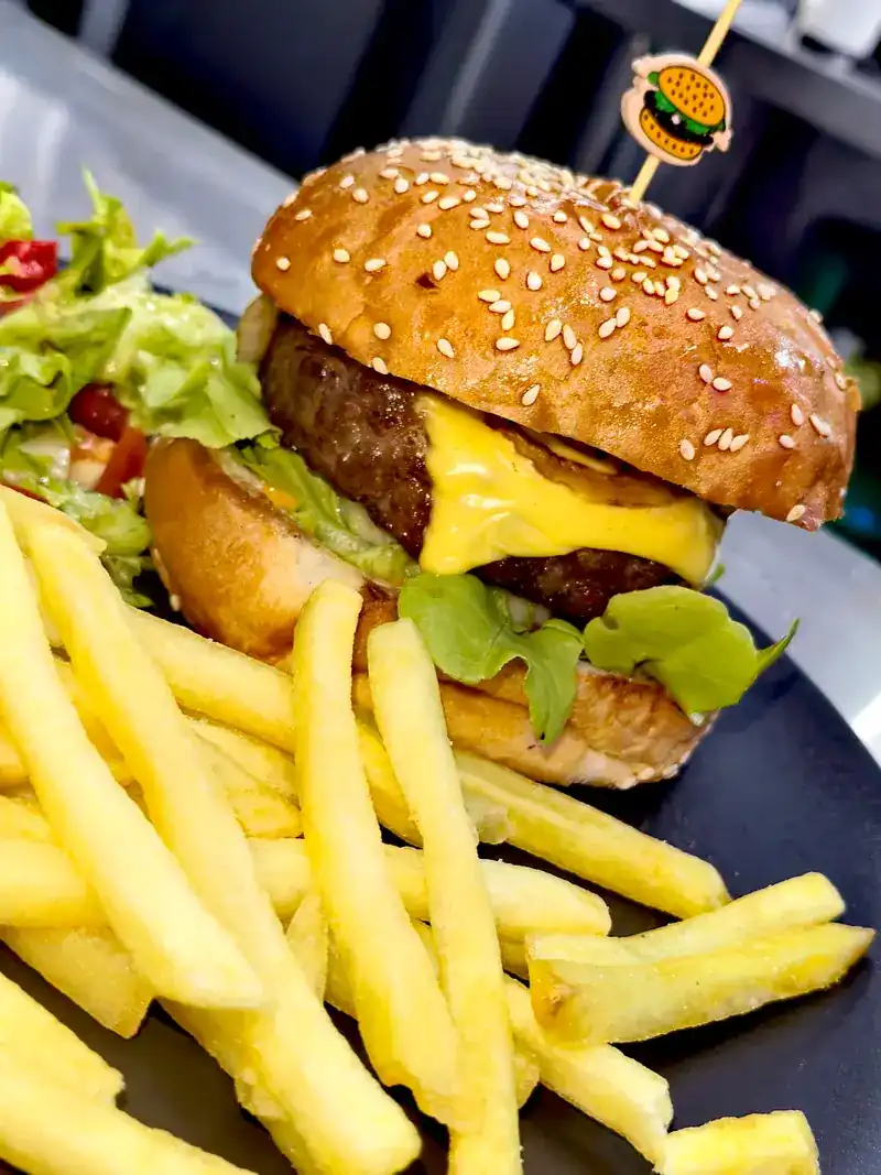Cheeseburger with salad and a pile of fries
