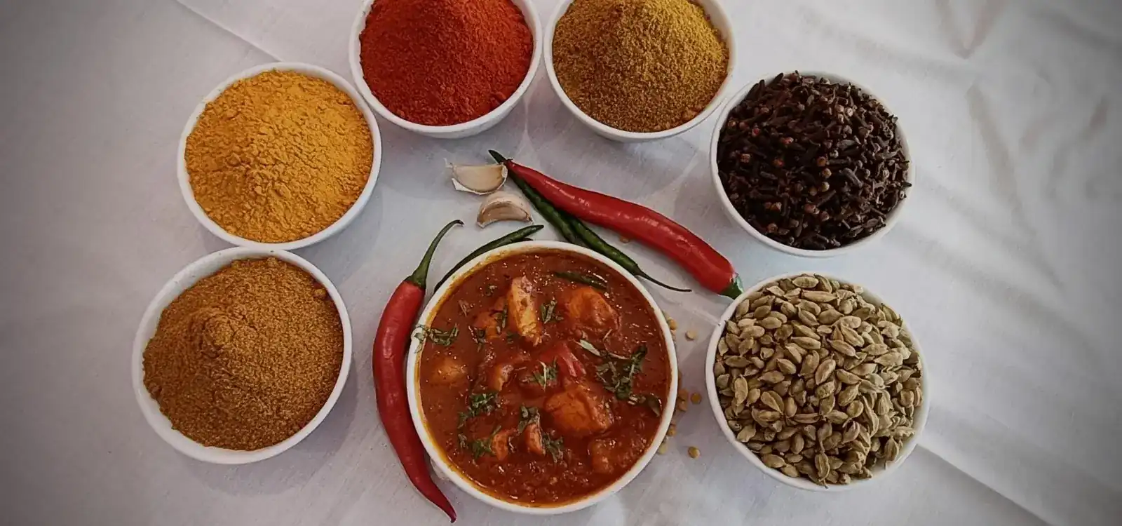 A chicken curry among bowls of turmeric, chilli, cumin, cloves and cardamom