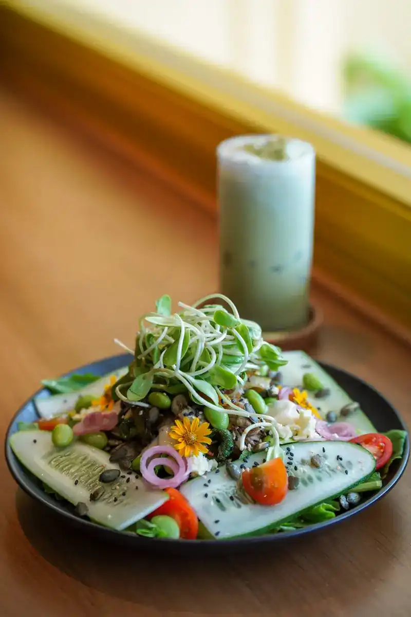 A fresh salad with cucumber, sprouts and edible flowers