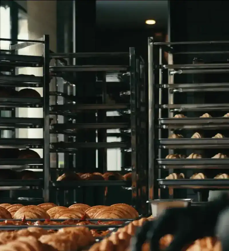 Racks of croissants and loaves fresh from the bakery oven