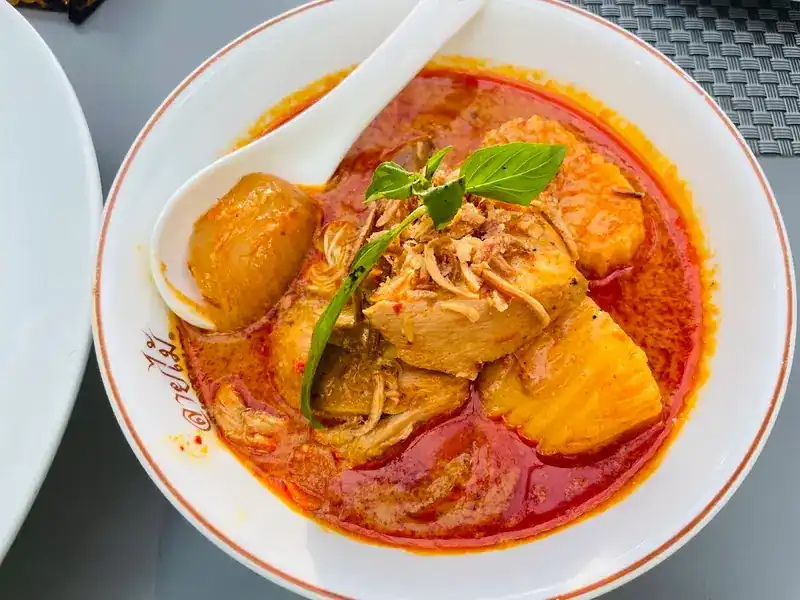 A bowl of Thai curry with chicken, topped with fried shallots and basil