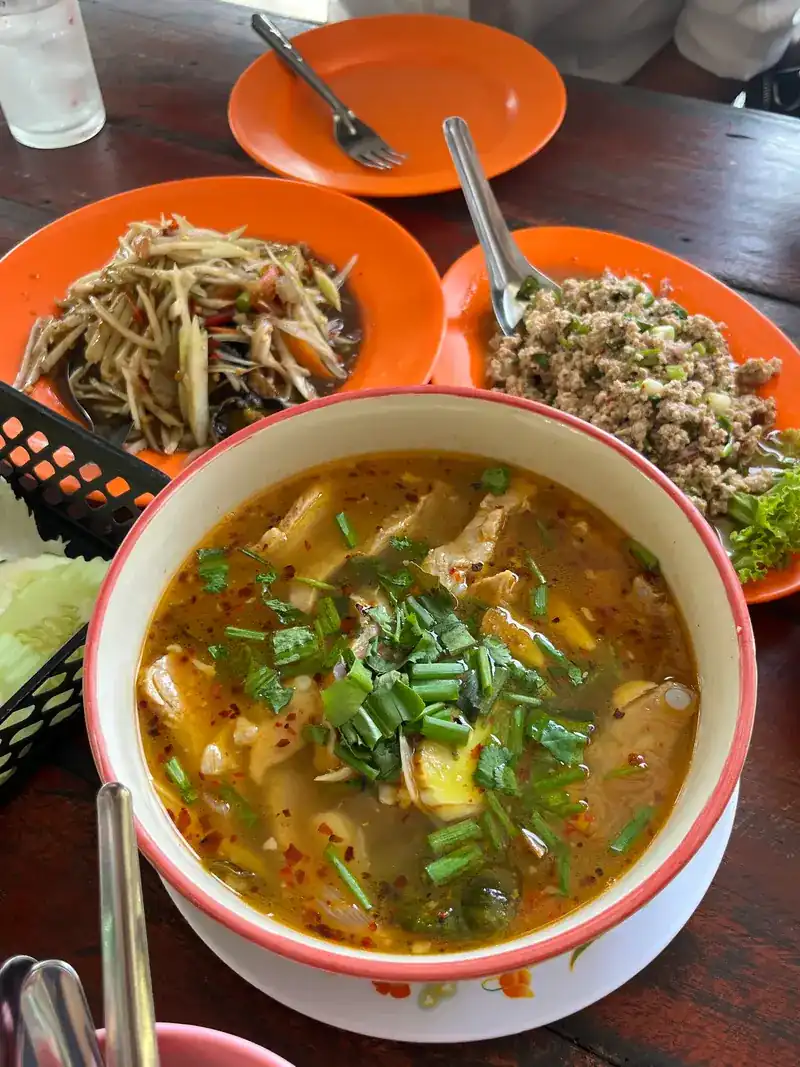 A bowl of soup with chilli and spring onion, with papaya salad and larb behind it