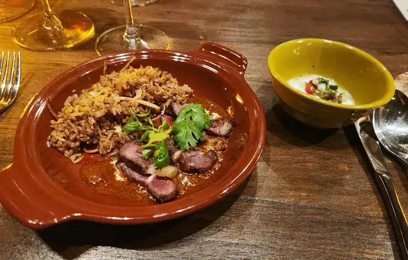 Seared slices of meat over rice in a red sauce, served in a clay dish