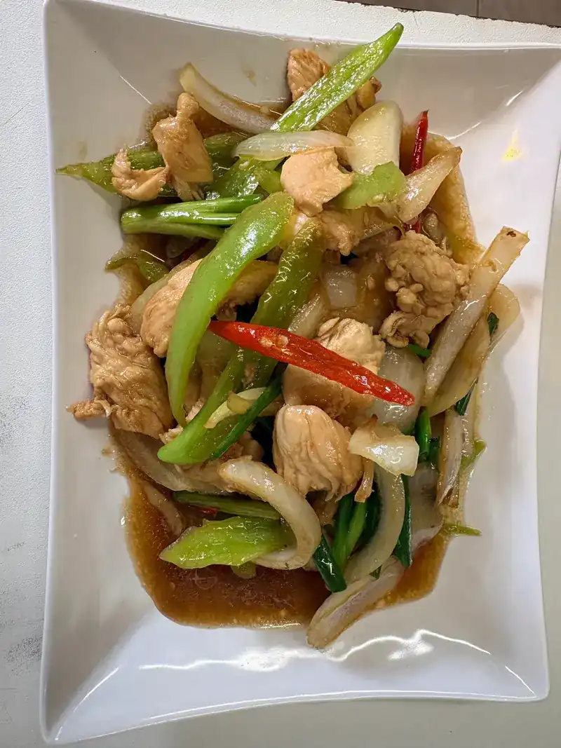 Chicken stir-fried with green chilli, red chilli and onion