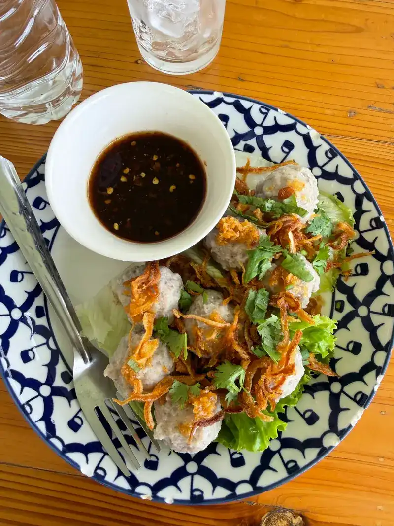 Steamed dumplings topped with fried garlic and coriander, with a dark dipping sauce