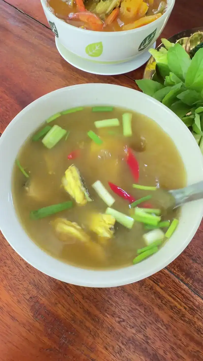 A bowl of soup with spring onion and red chilli