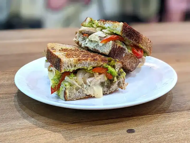 Toasted panini with salad filling on a white plate