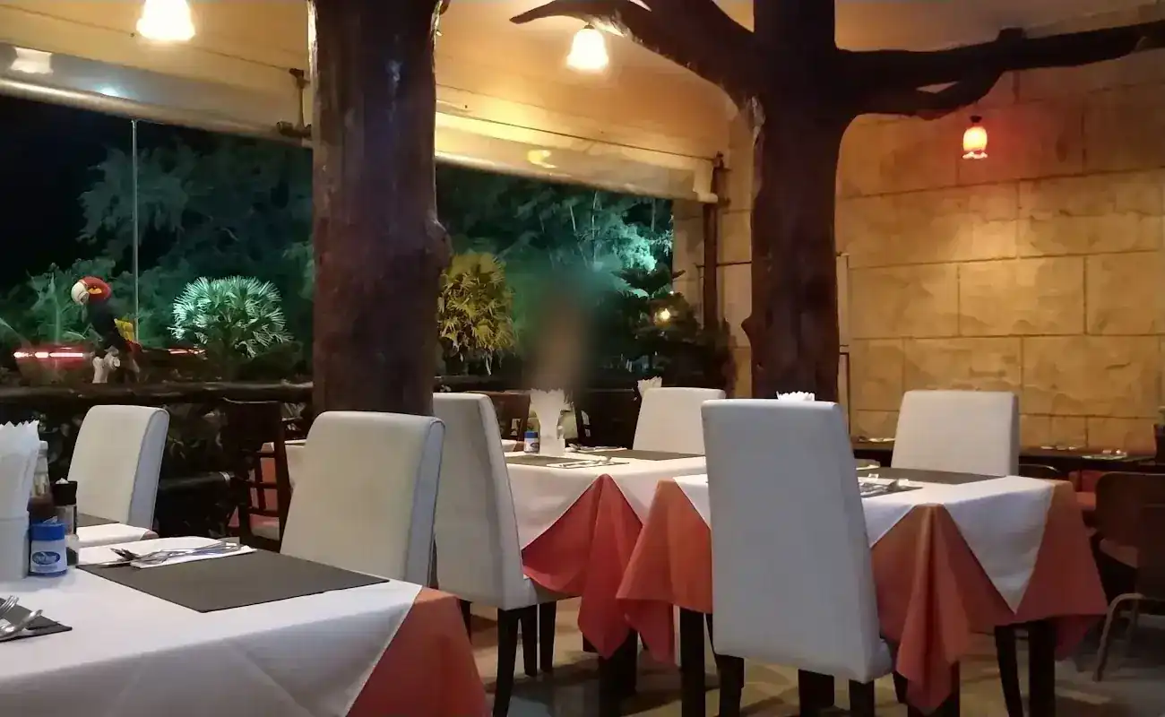 Da Mario's terrace at night: white chairs, white cloths laid over coral ones, tree trunks rising to the roof and the lit garden beyond / ระเบียงร้าน Da Mario ยามค่ำ เก้าอี้สีขาว ผ้าปูโต๊ะขาวทับผ้าสีส้มอมชมพู ลำต้นไม้สูงถึงหลังคา และสวนที่เปิดไฟด้านนอก