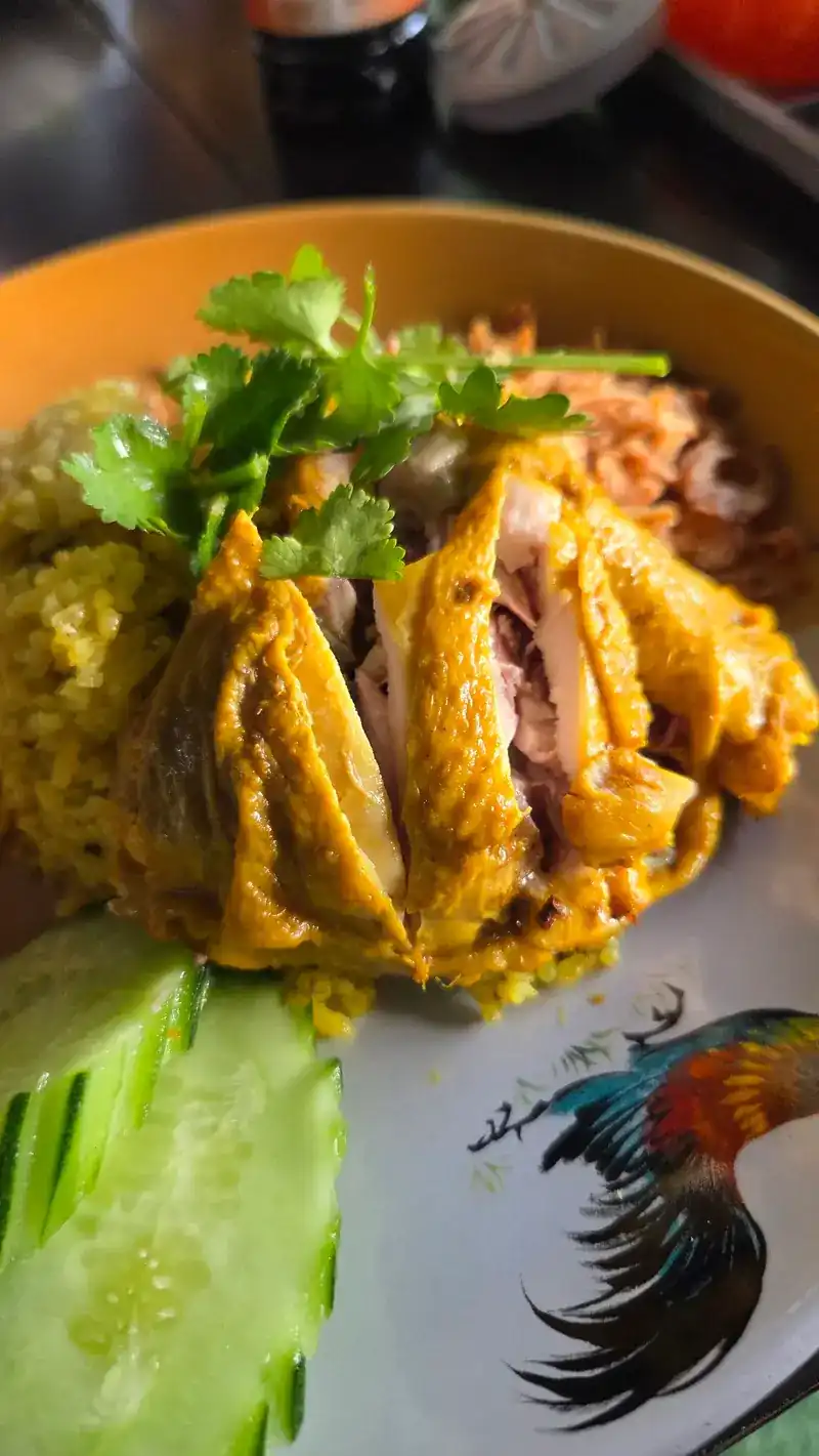 Chicken on yellow rice with coriander and cucumber, on a plate painted with a rooster