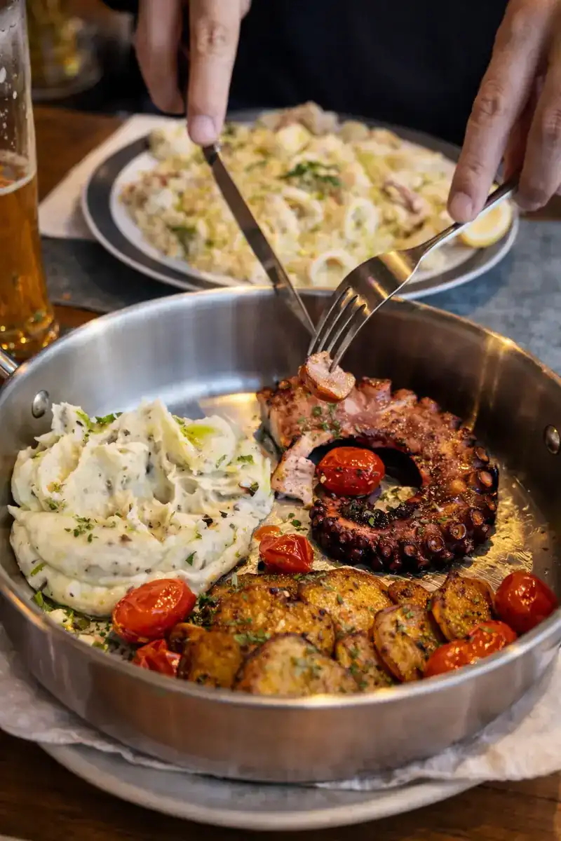 Grilled octopus in a steel pan with mashed potato, roast potatoes and cherry tomatoes